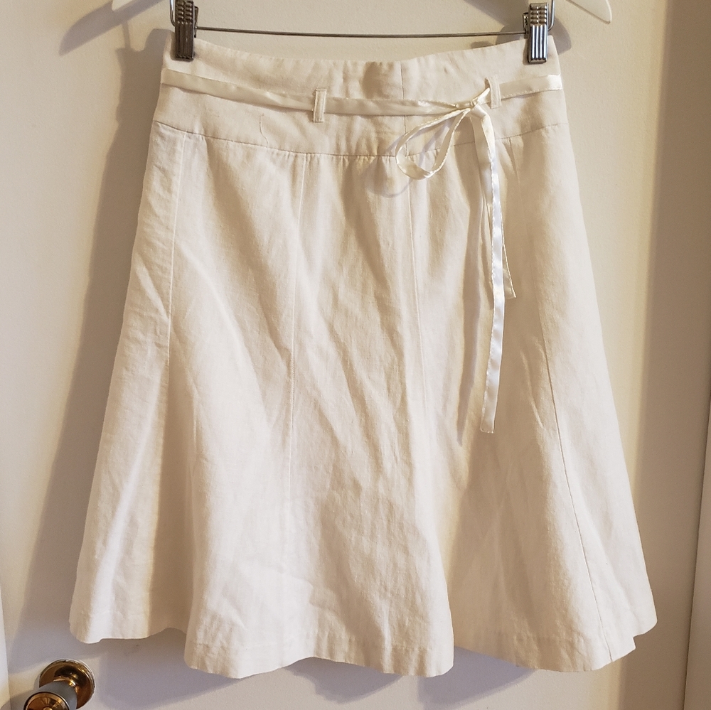 Suzy Shier Skirt A-Line Linen White Silk Ribbon Belt Back Zip  Boho Woman 27 EUC